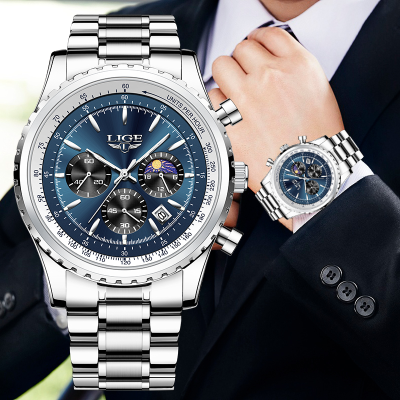 Luxury Watch Maker - LIGE 남성용 럭셔리 쿼츠 시계, 문페이즈