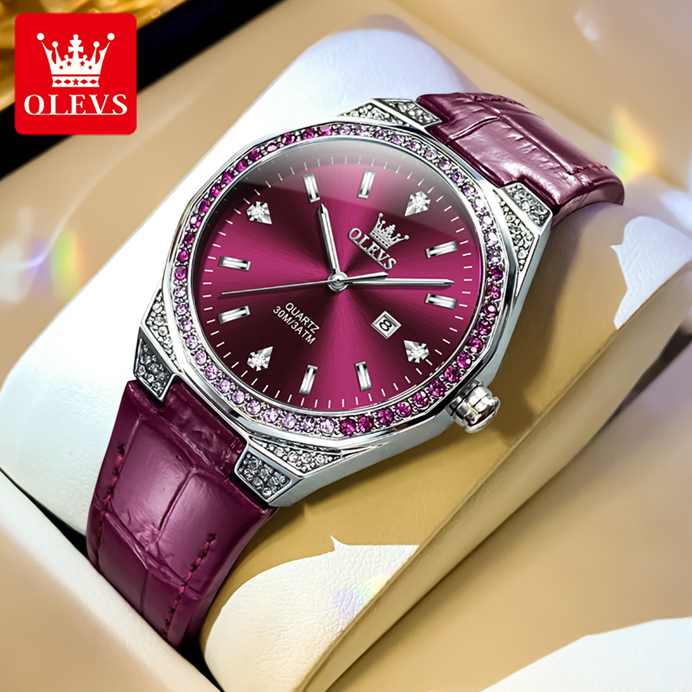 Luxury Watch With Leather Strap - OLEVS 원래 여성용 시계 다이아몬드 랩