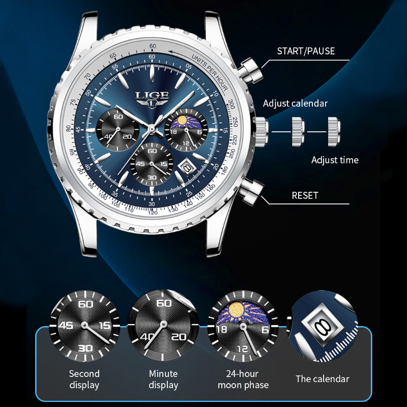 LIGE 남성용 럭셔리 쿼츠 시계, 문페이즈 스테인리스 - Luxury Watch Maker 리뷰 및 가격