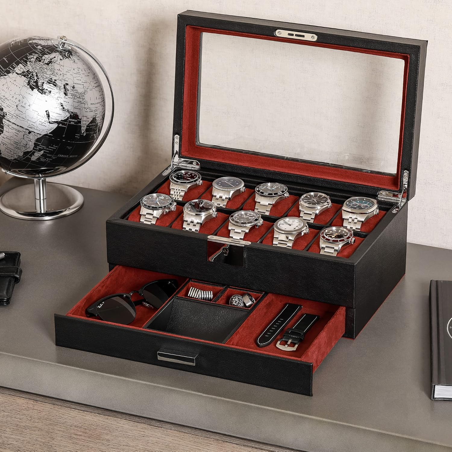 가죽 소재의 10슬롯 시계 보관함, 수납 서랍 포함,  - Luxury Watch Organizer 리뷰 및 가격