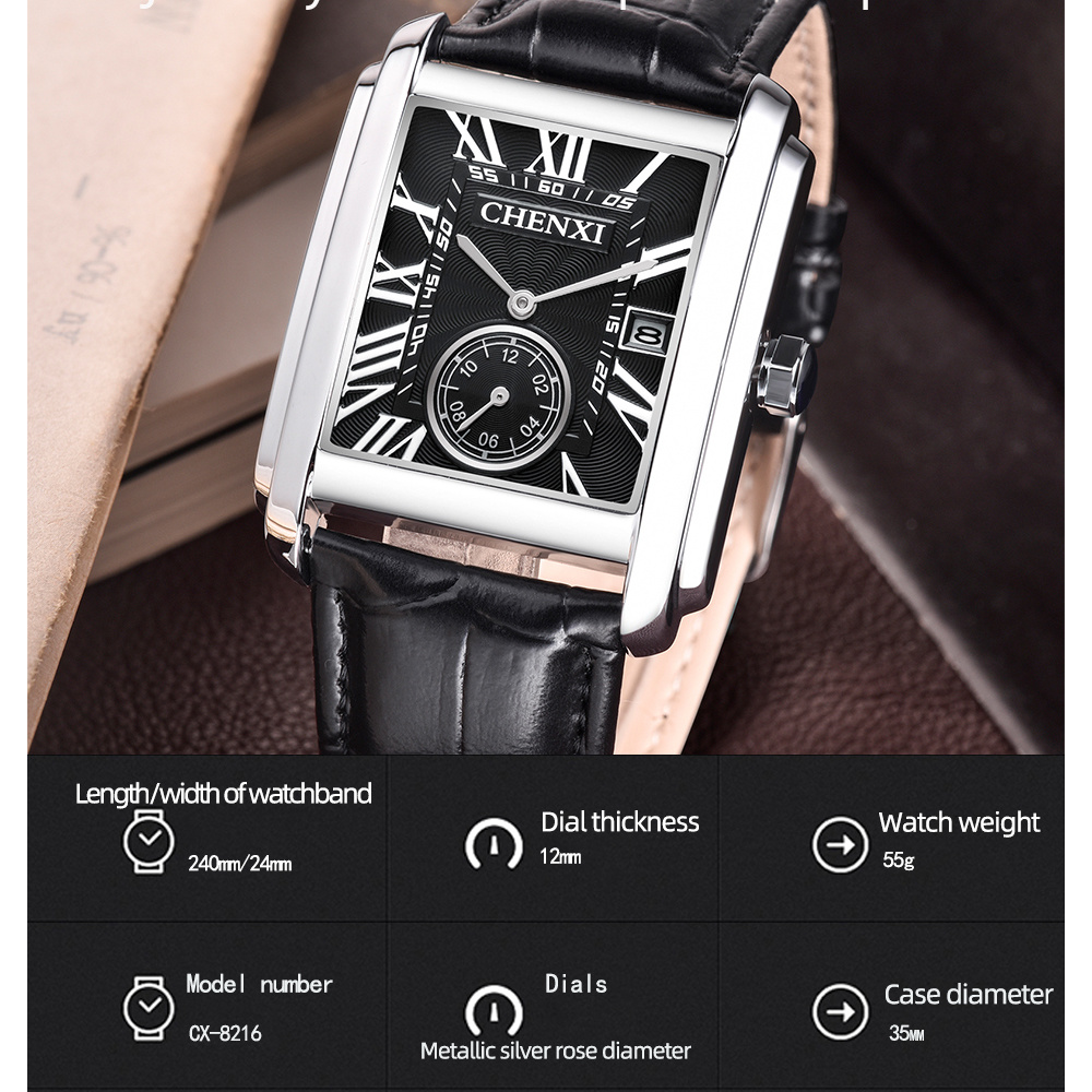 CHENXI 남성용 클래식 스퀘어 브라운 가죽 스트랩  - Luxury Watch Maker 리뷰 및 가격